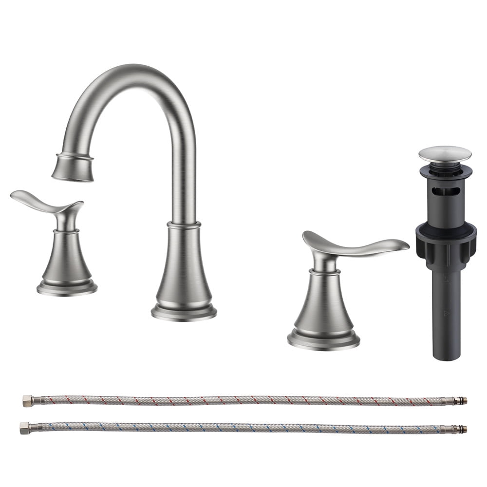 Tcbosik 8 inch Brushed Nickel Bathroom Sink Faucet, 3 Hole 360° Swivel Spout Vanity Sink Basin Faucet, 2-Handle Lavatory Faucet with Pop Up Drain Assembly and Water Supply Hoses