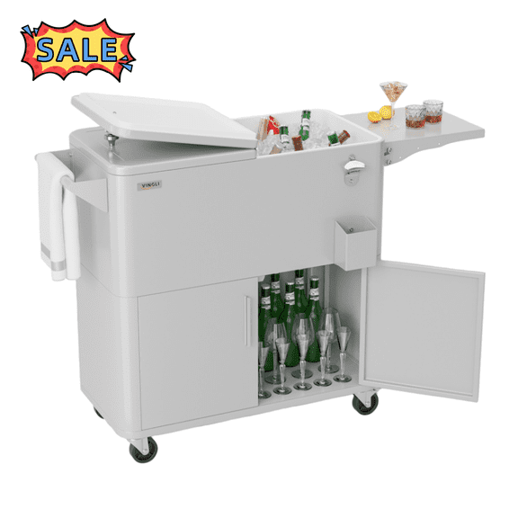 Tcbosik 80 Quart Rolling Cooler Cart with Locking Wheels, Outdoor Portable Ice Chest with Foldable Side Table, Drain Hole, Bottle Opener & Cap Catcher for Backyard, Deck, Patio, Poolside, Light Grey
