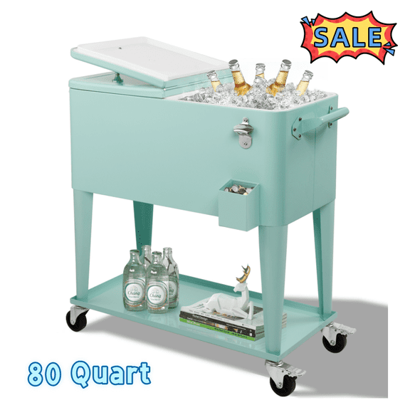 Tcbosik 80 Quart Rolling Ice Chest with Locking Casters, Portable Party Bar Drink Cooler Cart with Storage Shelf and Bottle Opener for Poolside, Backyard, Mint Green