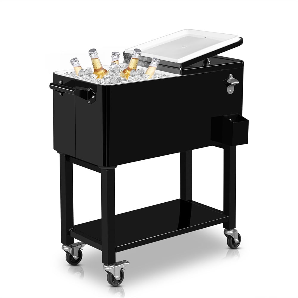 Black Steel Rolling Cooler Cart with Bottle Opener and Storage Shelf