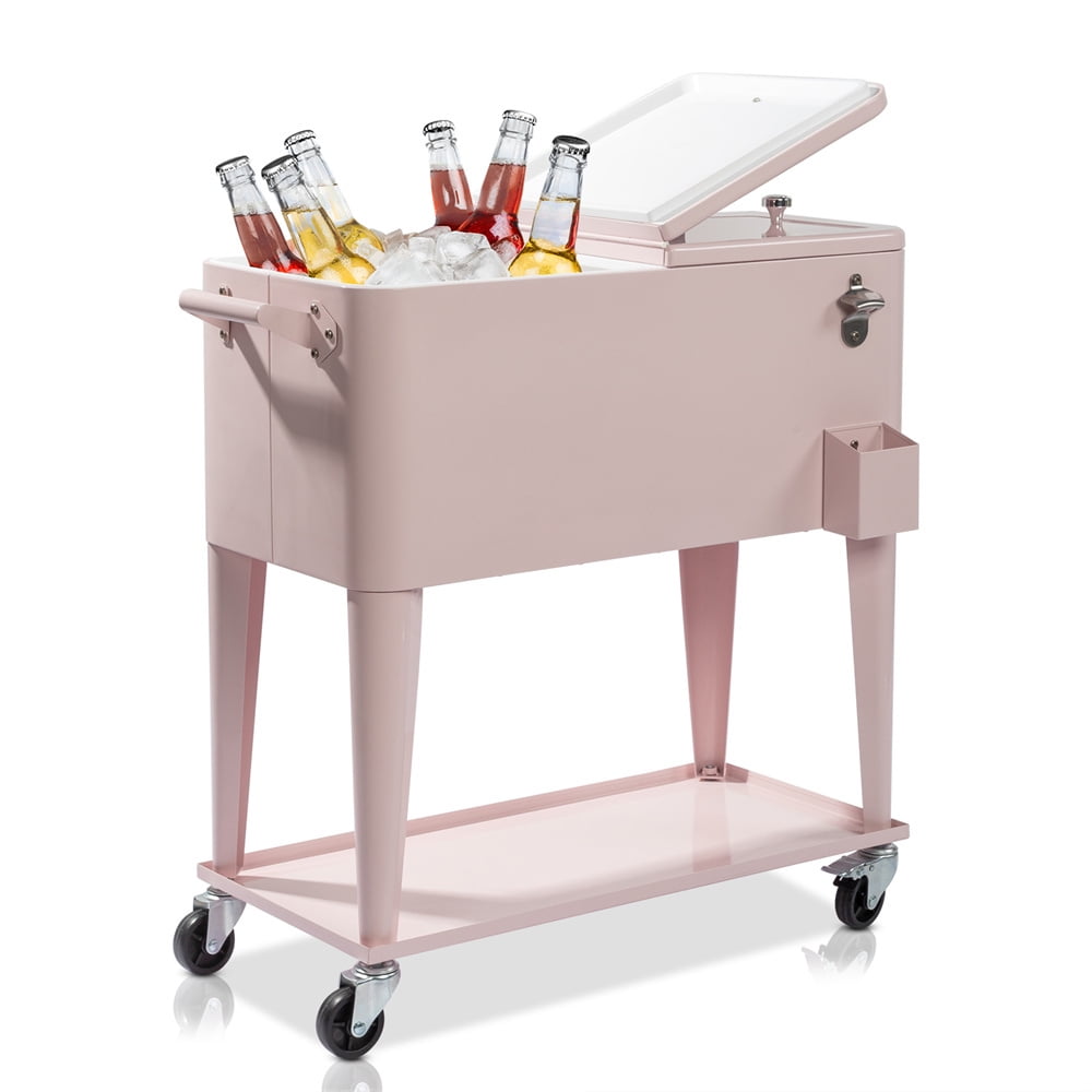 Pink 80QT Rolling Iron Bar Drink Cooler with Shelf and Wheels