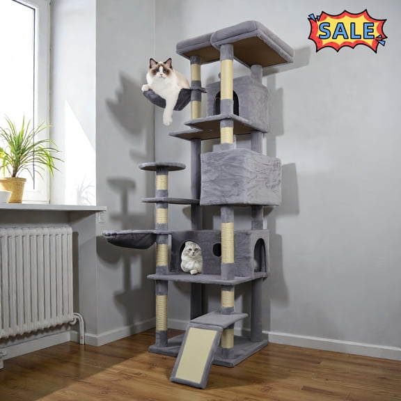 Tcbosik 84.6" Multi-Level Tall Cat Tree Tower with 3 Hiding Condos, Cat Condo with Hammocks, Sisal Scratching Ladder and Sisal Scratching Posts, Cat Activity Center with Perches, Dark Gray