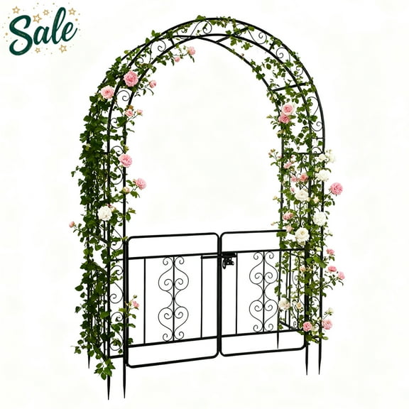 Tcbosik 84" Tall Garden Arch with Gate, Black Wrought Iron Arbor with Doors, Outdoor Entrance Trellis for Climbing Plants, Rust-Proof Yard Decor