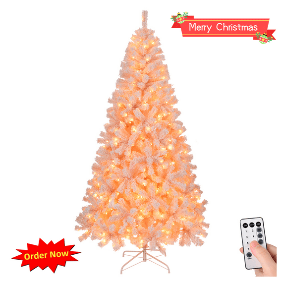 Tcbosik 8ft Flocked Pre-lit Christmas Pine Tree with Remote Control, Artificial Xmas Tree with 500 Lights and 1250 Branch Tips for Home Party Decoration, Snowy Pink
