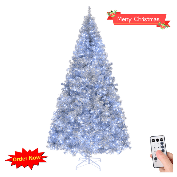 Tcbosik 8ft Pre-Lit Christmas Tree with Remote Control, Artificial Lighted Holiday Tree with 500 Lights and 1350 Branch Tips for Home Office, Silver