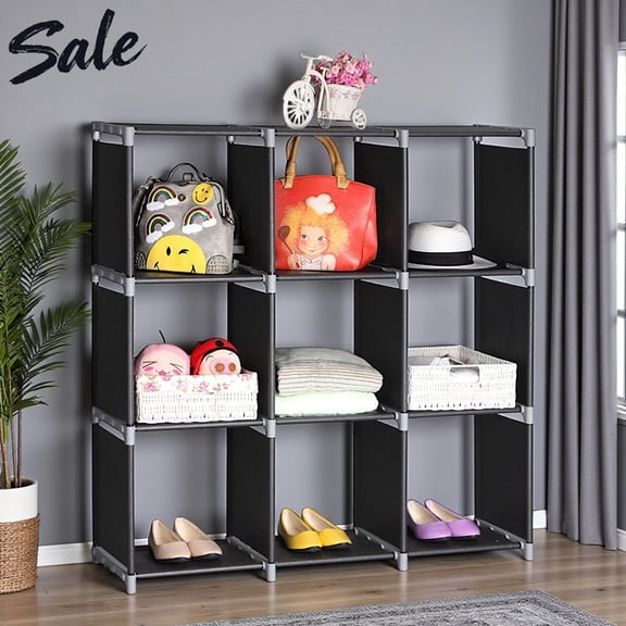 Tcbosik 9-Cube Storage Organizer, 3-Tier Modular Storage Shelf with Steel Tube Frame and Fabric Shelves, Multi-Functional Cube Organizer for Bedroom, Bathroom, Office, Black