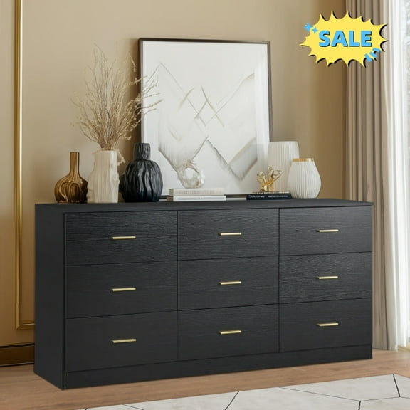 Tcbosik 9-Drawer Dresser, Chest of Drawers, Storage Organizer with Gold Handle for Closet, Bedroom, Living Room, Black