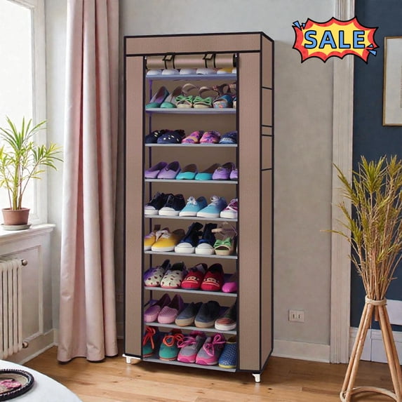Tcbosik 9-Tier Free Standing Shoe Rack with Non-Woven Fabric Cover, Shoe Storage Organizer with Side Pocket, Shoe Shelf for Hallway, Entryway, Foyer, Coffee