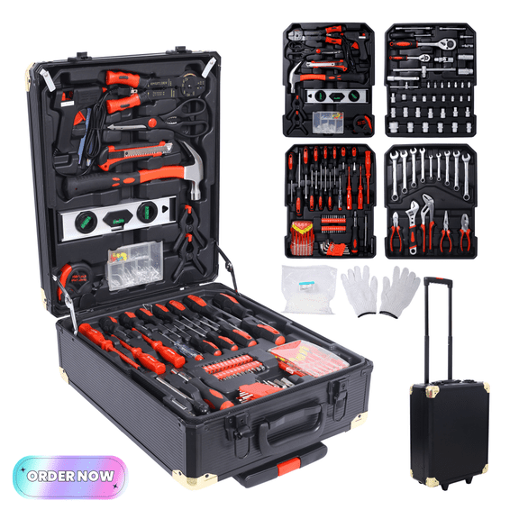 Tcbosik 969 Piece Home Repair Tool Set, General Household Tool Kit with Rolling Tool Case, Tool Set Kit for Garage, Warehouse, Supermarket, Black