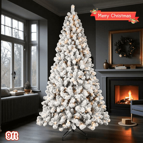 Tcbosik 9ft Pre-Lit Artificial Christmas Tree with 650 Warm White Lights, Snow Flocked Design Xmas Tree with 1930 Branch Tips & Metal Stand for Home Office Decoration, Green & White