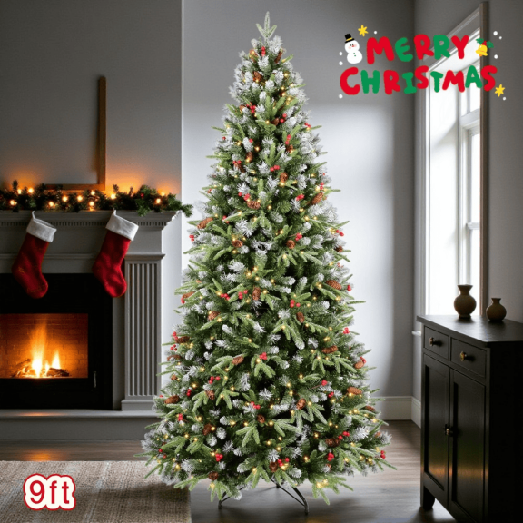 Tcbosik 9ft Pre-lit Christmas Tree with 750 LED Lights, Artificial Xmas Tree with 3750 Branch Tips, Indoor Holiday Decoration with Pine Cones & Red Berries, Includes Metal Stand, Green & White