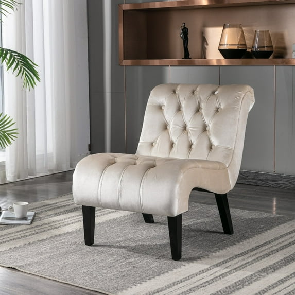 Tcbosik Accent Armless Chair, Upholstered Velvet Living Room Chair with Button Tufted Back, Comfy Lounge Chair for Bedroom, Beige