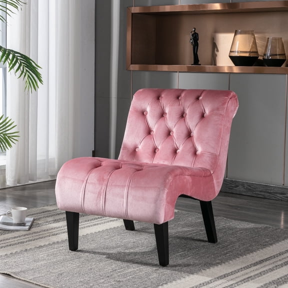 Tcbosik Accent Armless Chair, Upholstered Velvet Lounge Chair with Button Tufted Back, Comfy Reading Chair with Wood Legs for Home Office, Pink
