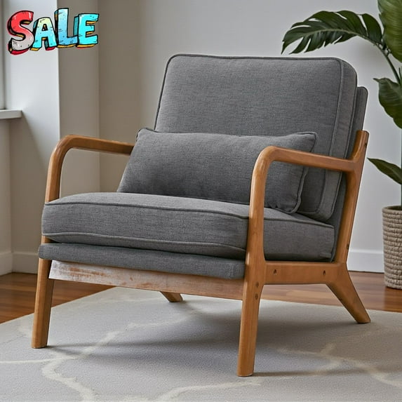 Tcbosik Accent Chair, Mid-Century Modern Lounge Chair with Linen Fabric Upholstery and Solid Wood Legs, High-Density Foam Seat, Lumbar Pillow Support, Compact Armchair for Small Space (Dark Gray)