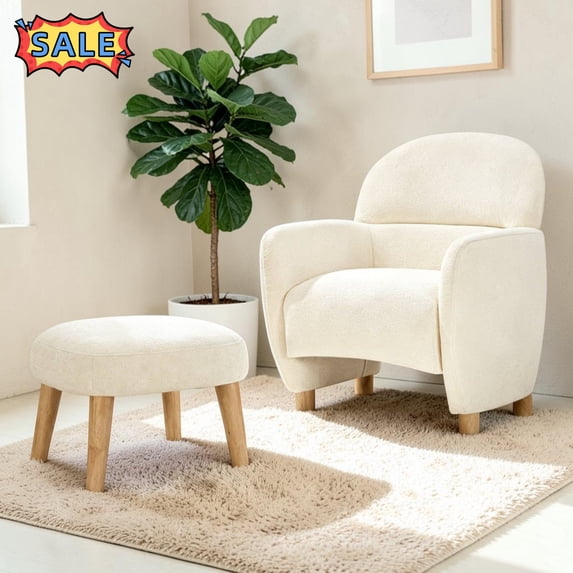 Tcbosik Accent Chair with Ottoman, Fabric Armchair with Footstool, Upholstered Single Sofa Chair for Living Room, Reading Room, Bedroom, Beige & White