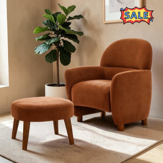 Tcbosik Accent Chair with Ottoman, Modern Comfy Armchair, Upholstered Reading Chair with Foot Rest, Single Sofa Chair for Living Room, Bedroom, Orange