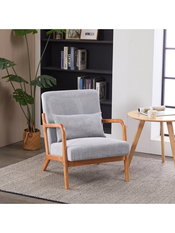 Accent Chair with Pillow, Mid-Century Modern Chair with Solid Wood Frame, Upholstered Lounge Armchair for Living Room, Bedroom, Balcony, Light Gray