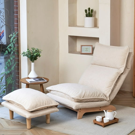 Tcbosik Accent Reclining Chair with Ottoman, Lazy Sofa Chair with Adjustable Back, Upholstered Leisure Chair for Home Office, Easy Assembly, White