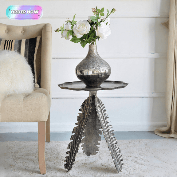 Tcbosik Accent Side Table, 16.9" End Table with Leaf Shaped Legs, Modern Nightstand for Living Room, Bedroom, Easy Assembly, Silver