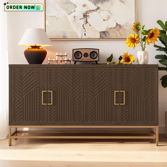 Tcbosik 59.8" Buffet Sideboard with 4 Doors, Floor Standing Accent Storage Cabinet, Kitchen Cupboard with Metal Legs, Coffee Bar Cabinet for Entryway, Dining Room, Living Room, Espresso