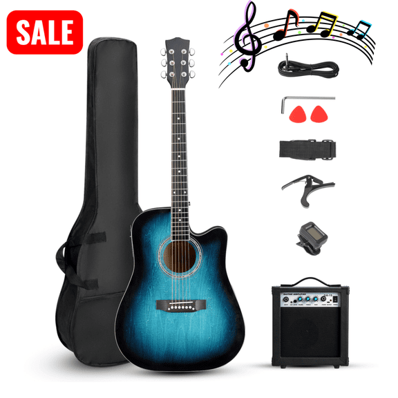 Tcbosik Acoustic Guitar Starter Set with 10W Amplifier, 41 inch Guitar Starter Kit with Bag, Strap, Tuner, Capo, Wrench Tool and Connecting Line, Blue