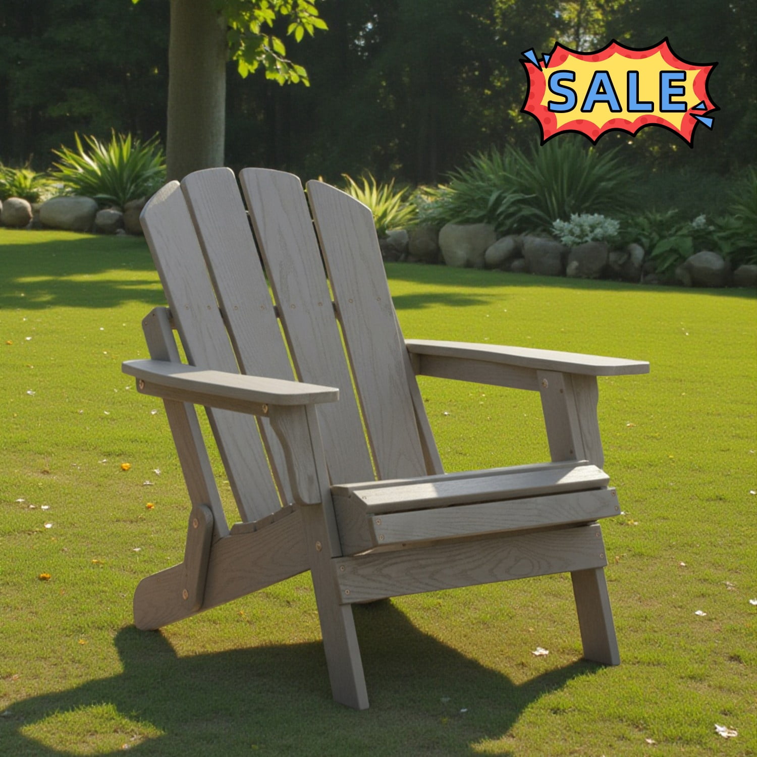 Tcbosik Adirondack Chair, Outdoor Folding Chair, Wooden Patio Chair for Lawn, Garden, Porch, Space Saving, Grey