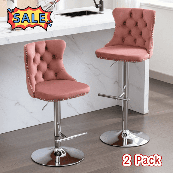 Tcbosik Adjustable Bar Stools Set of 2, Modern Swivel Barstool with Button Tufted Back, Velvet Upholstered Counter Height Bar Chair with Chrome Base for Kitchen Island, Dining Room, Pink & Silver