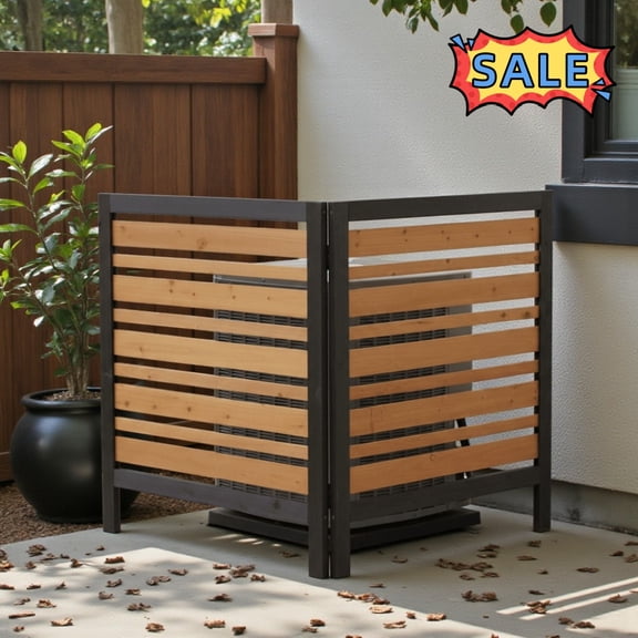 Tcbosik Air Conditioner Fence for Outdoor, 2-Panel Pool Equipment Enclosure, 38"W x 42"H Trash Can Fence, Privacy Fence Panel for Backyard, Lawn, Garden, Patio, Black+Gold