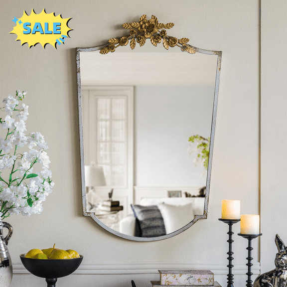 Tcbosik Arched Mirror, 24" x 37.4" Wall Mounted Mirror, Decorative Mirror with Gold Floral Crown Decor for Living Room, Bathroom, Bedroom, Gold
