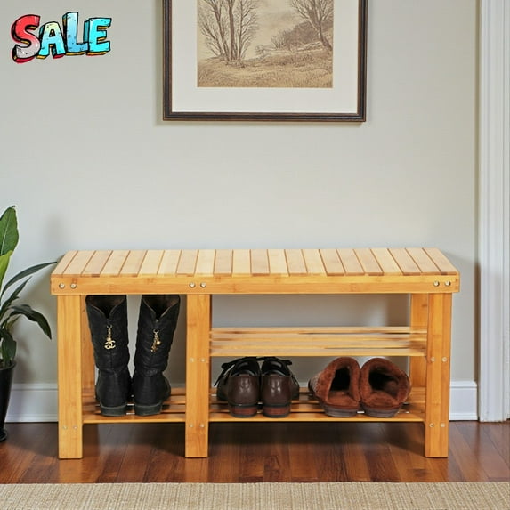 Tcbosik Bamboo 3-Tier Shoe Rack with Boot Compartment, Entryway Organizer Seat Bench in Natural Finish, 35.43"L x 11.02"W x 17.72"H