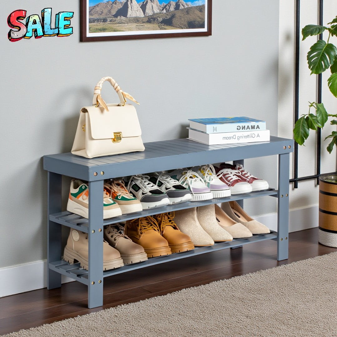 Tcbosik Bamboo Shoe Rack Bench, 3-Tier Storage with Seamless Top, 35.4" Entryway Bench and Shoe Organizer, Space-Saving Design, Gray