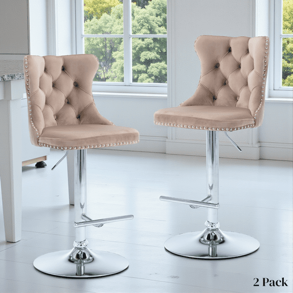 Tcbosik Bar Stools Set of 2, Modern Swivel Bar Chairs, Adjustable Velvet Upholstered Barstools Counter Height with Tufted Backrest & Chrome Base for Bar, Kitchen Island, Dining Room, Khaki
