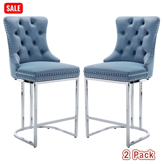 Tcbosik Bar Stools Set of 2, Modern Velvet Counter Height Barstools with Chromed Metal Legs, Upholstered Kitchen Island Chair with Button Tufted Back, 25.2"H Seat, Light Blue