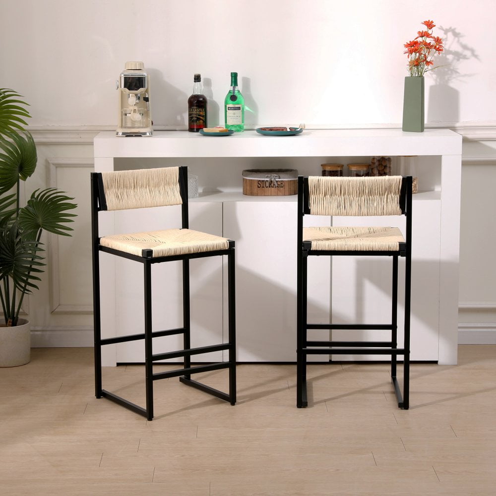 Creamy White Woven Paper Rope and Metal Bar Stools Set of 2