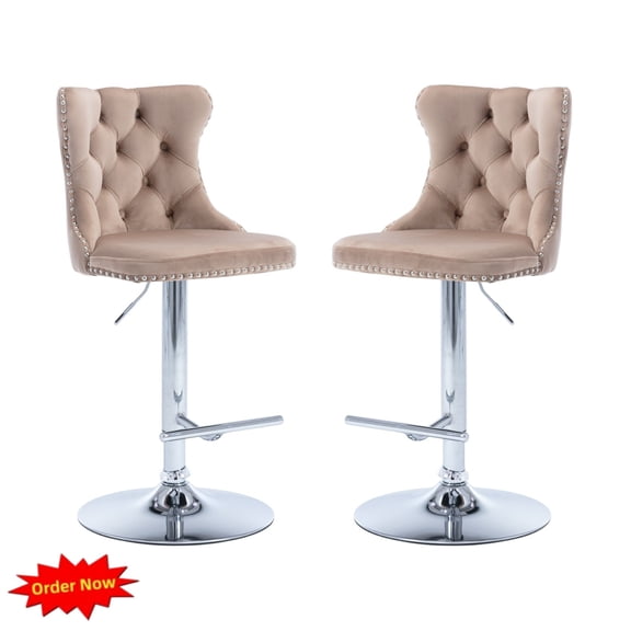 Tcbosik Bar Stools Set of 2, Swivel Velvet Fabric Barstool with Silver Metal Legs, 24.8"-33" Height Adjustable Bar Chair with Back for Kitchen Island, Dining Room, Khaki
