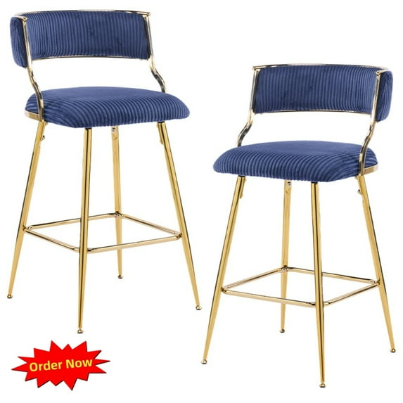 Tcbosik Bar Stools Set of 2, Corduroy Fabric Upholstered Counter Height Stool with Metal Legs for Kitchen Island, Dining Room, Blue