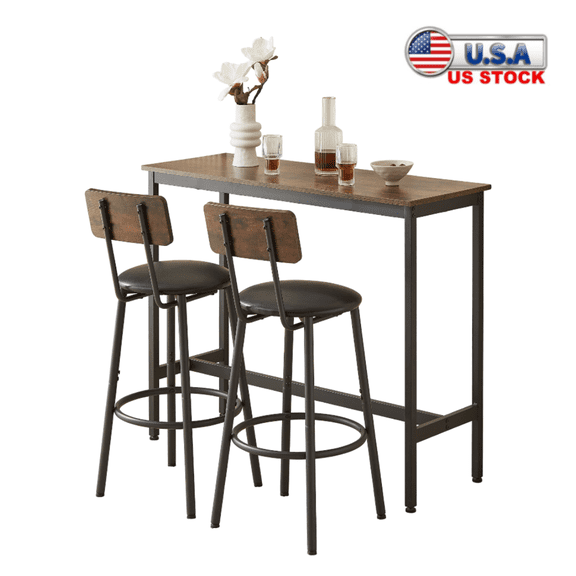 Tcbosik Bar Table and 2 Chairs Set, Upholstery PU Leather Stools with Backrest, 3 Pieces Pub Dining Table Set for Small Space Apartment Kitchen, Rustic Brown