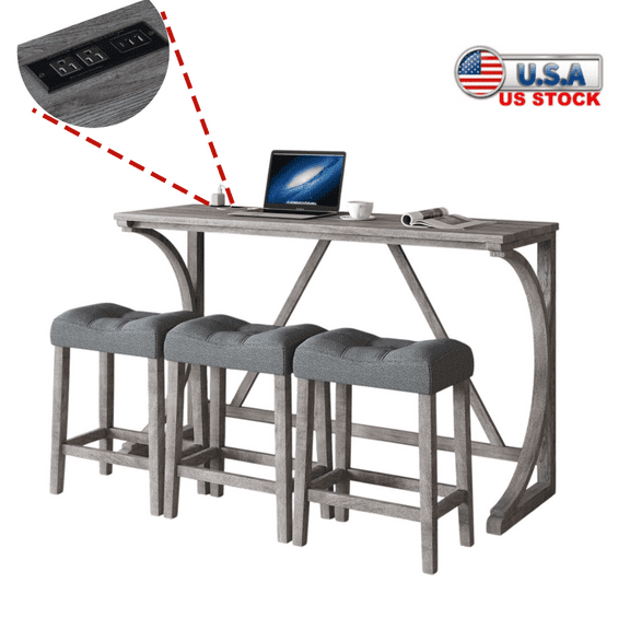 Tcbosik 4-Piece Bar Table Set with Charging Station, Counter Height Table & 3 Upholstered Stools, Dining Table Set for Kitchen, Breakfast Nook, Living Room, Gray