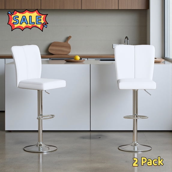 Tcbosik Barstools Set of 2, 24.8"-33.4" Height Adjustable Swivel Bar Stool, PU Leather Counter Height Stool for Kitchen, Dining Room, White