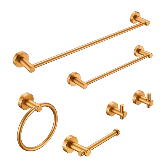 Tcbosik Bathroom Accessories Towel Bar Set, 6 Pieces Brushed Gold Wall Mounted Bathroom Hardware Set, Includes 23.5in Hand Towel Bar, 16in Hand Towel Bar, Paper Holder, Towel Ring and 2 Hooks