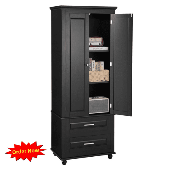 Tcbosik Bathroom Cabinet, 62.5 inch Storage Cabinet with Adjustable Shelf and 2 Drawers, Freestanding Linen Cabinet for Living Room, Kitchen, Easy Assembly, Black