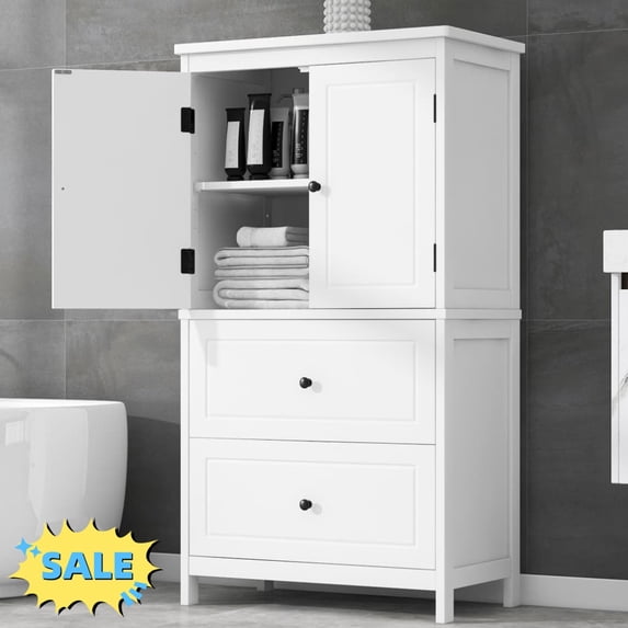 Tcbosik Bathroom Cabinet with Doors and Drawers, Freestanding Storage Cabinet, Modern Kitchen Cupboard with Adjustable Shelf for Kitchen, Pantry Room, Living Room, White