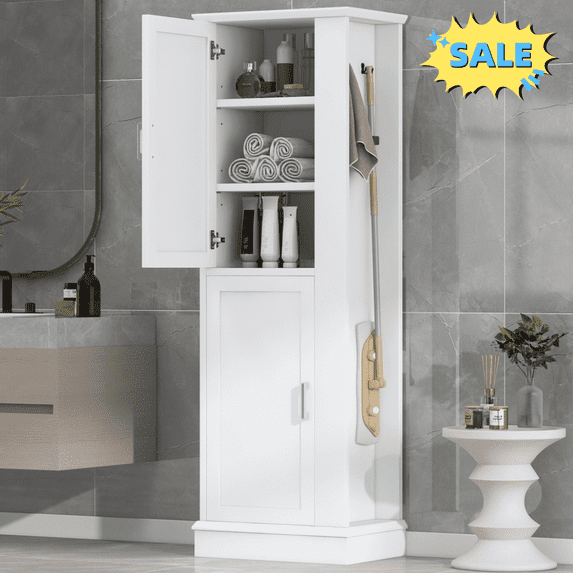 Tcbosik Bathroom Cabinet with Hook, 68 inch Freestanding Linen Cabinet with Adjustable Shelf, Storage Cabinet for Kitchen, Living Room, White