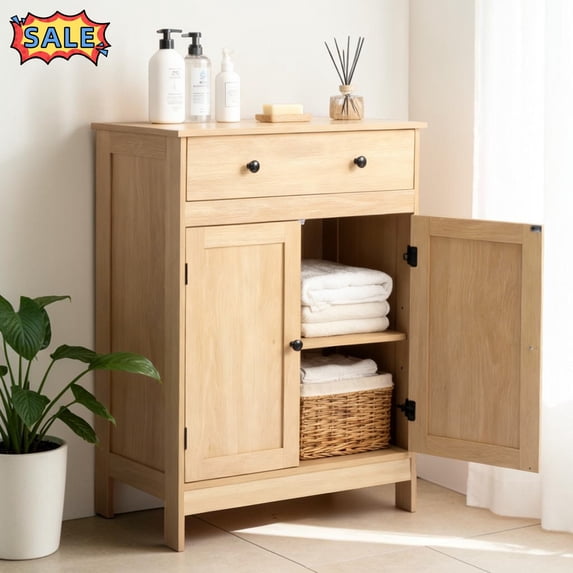 Tcbosik Bathroom Floor Cabinet with Drawer and 2 Doors, 24" Wide Storage Cabinet with Adjustable Shelf, Space Saving, Natural