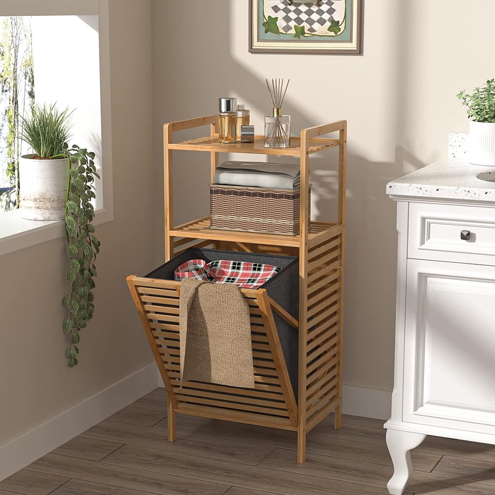 Natural Bamboo and Gray Tilt-Out Laundry Hamper with Shelves