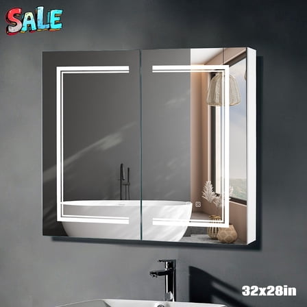 Tcbosik Bathroom Medicine Cabinet with Double Mirrored Doors and LED Lights, 32x28 inch Wall Mounted Hanging Cabinet with Adjustable Shelf & Charging Station,White