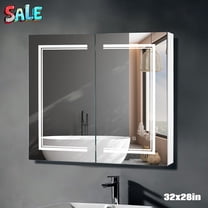 Tcbosik Bathroom Medicine Cabinet with Double Mirrored Doors and LED Lights, 32x28 inch Wall Mounted Hanging Cabinet with Adjustable Shelf & Charging Station,White