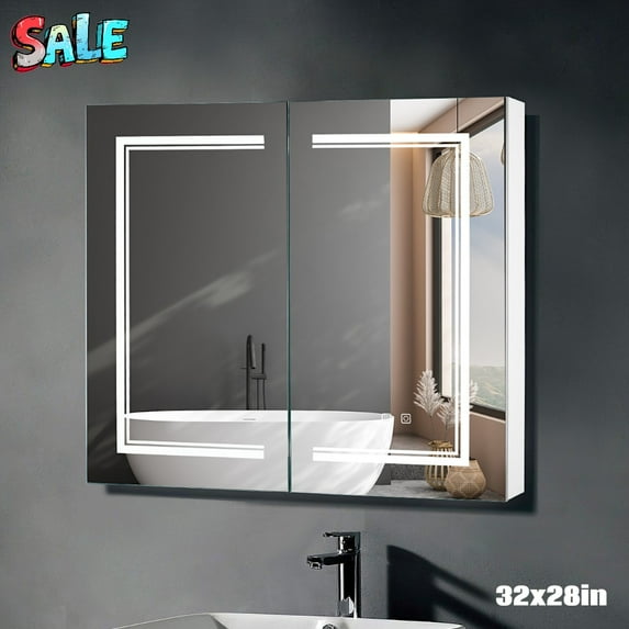 Tcbosik Bathroom Medicine Cabinet with Double Mirrored Doors and LED Lights, 32x28 inch Wall Mounted Hanging Cabinet with Adjustable Shelf & Charging Station,White