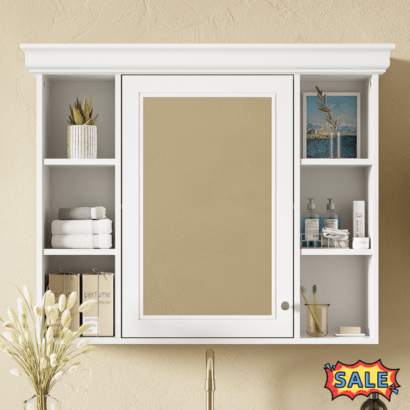 Tcbosik Bathroom Mirror Cabinet, Medicine Cabinet Wall Mounted with Mirror and Open Shelves for Living Room, Easy Assembly, White