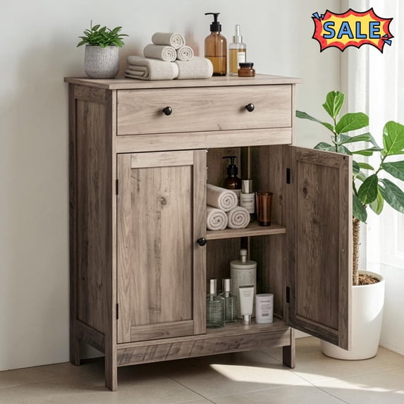 Tcbosik Bathroom Storage Cabinet, 23.6" Freestanding Cabinet with Drawer and 2 Doors, Accent Cabinet Organizer with Adjustable Shelf for Entryway, Living Room, Washed Gray